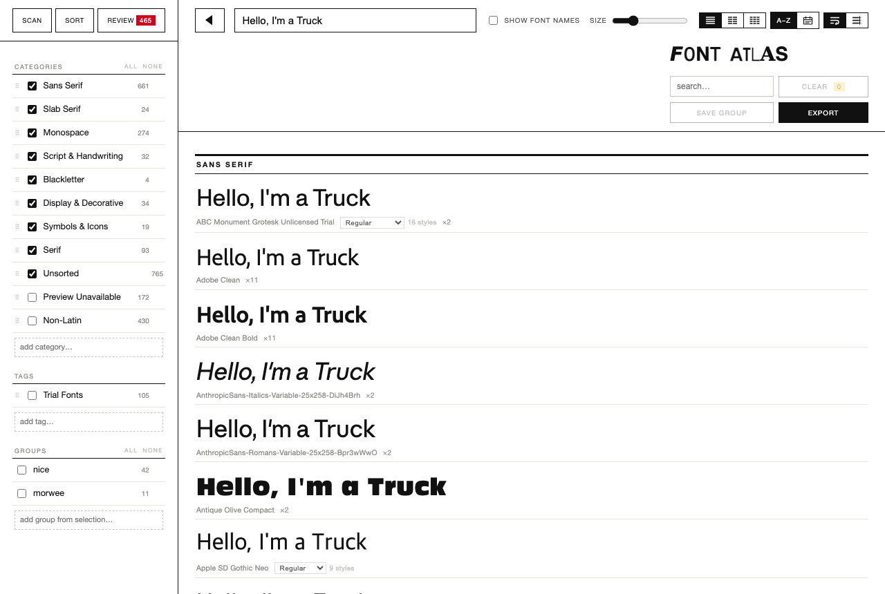 Font Atlas showing a library of fonts sorted into categories